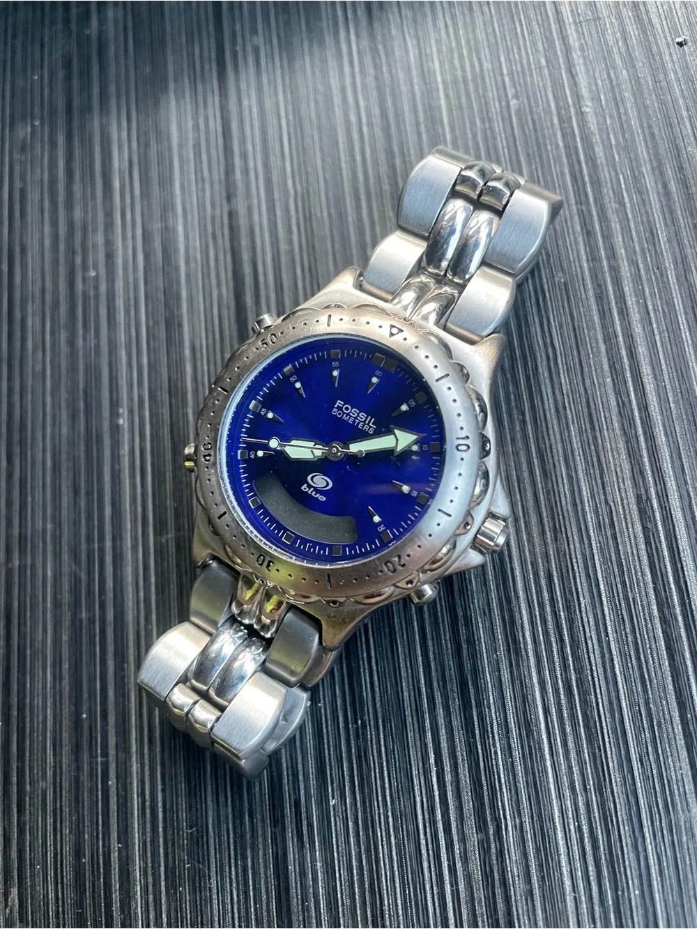 Vintage Fossil Blue Stainless Steel Watch Blue Dial Men’s Quartz Wristwatch